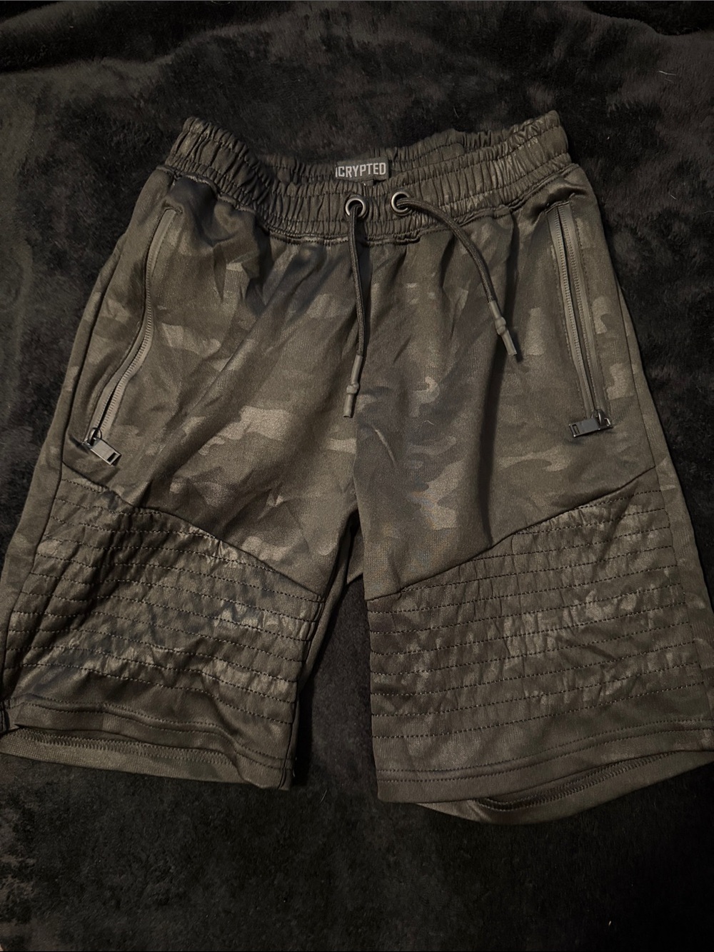 iCrypted Men's Black Camo Athletic Shorts with Quilted Knee Panels